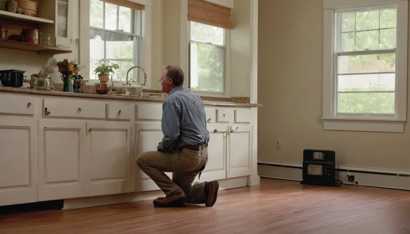 Friendly pest control provider inspecting a baseboard in a Raymore home while a homeowner looks on
